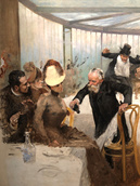 Hugo Birgerin luonnos teokselleen "Skandinaavisten taiteilijoiden aamiainen Café Ledoyenissä" (1886). Ystävien Edelfelt-näyttelyvierailu Ateneumissa 7.9.2023.