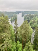 Saaren kansanpuistossa sijaitseva näkötornista (rakennettu 1926). Puurakenteisesta tornista avautuu maisema, jonka ympäristöministeriö valitsi vuonna 1993 yhdeksi maamme kauneimmaksi maisema-alueeksi. Tornin läheisyydessä on taiteilija Albert Edelfeltin muistokivi. Edelfeltin teos Kaukolanharju auringonlaskun aikaan (1889–1890) kuvaa maisemaa harjulta luoteeseen Pyhäjärven ja Kuivajärven väliselle salmelle. Se kuvaa pian häviävää kesäyön hetkeä, jolloin auringonlasku on kultaisimmillaan ennen sen painumista horisontin taakse. Kuva: Matti Heimonen